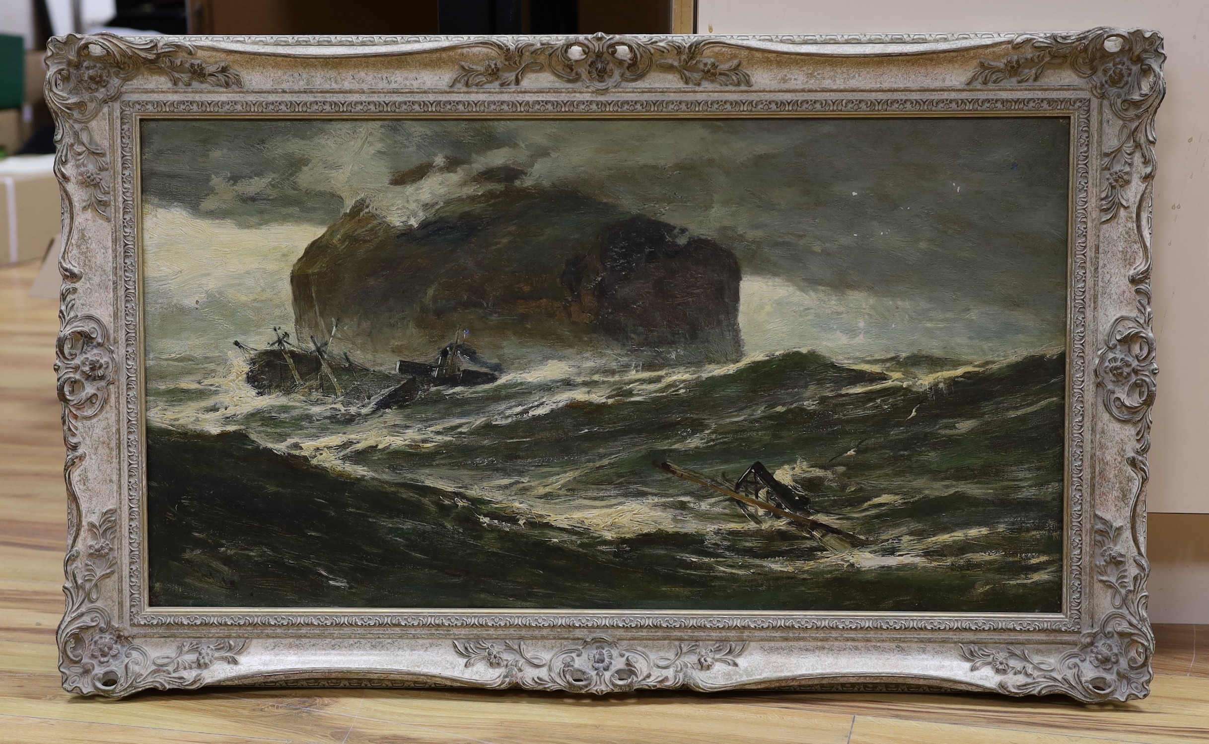 E. Ellin, oil on canvas, 'Wreck off the Bass Rock', signed, 44 x 82cm